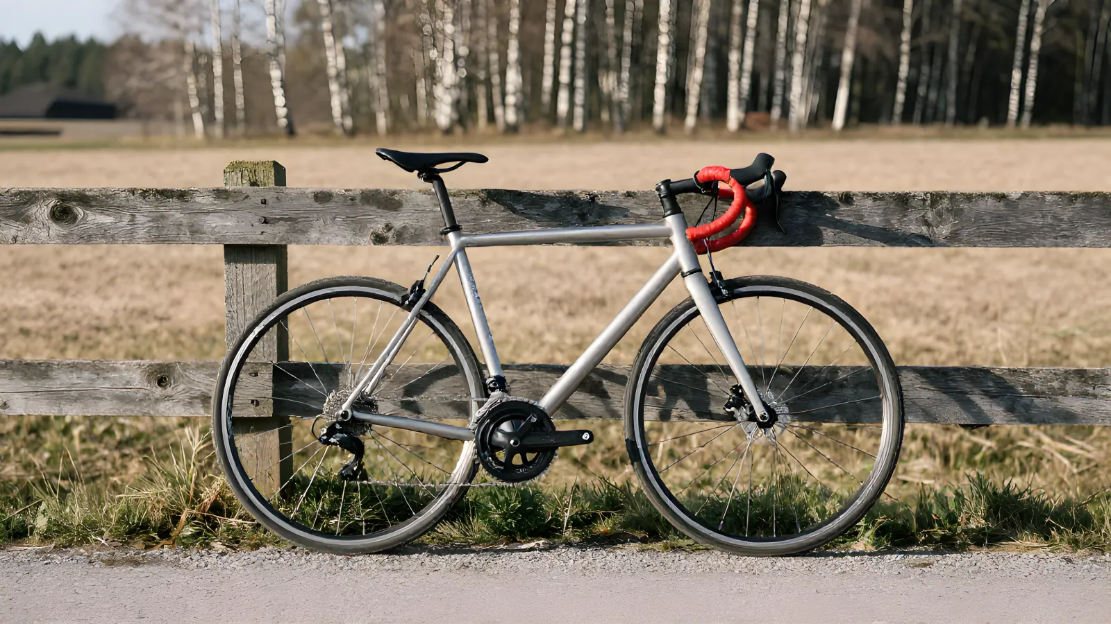 Enkel racercykel i aluminium med rött styrband lutad mot ett grått trästaket vid en grusväg i mjukt morgonljus.