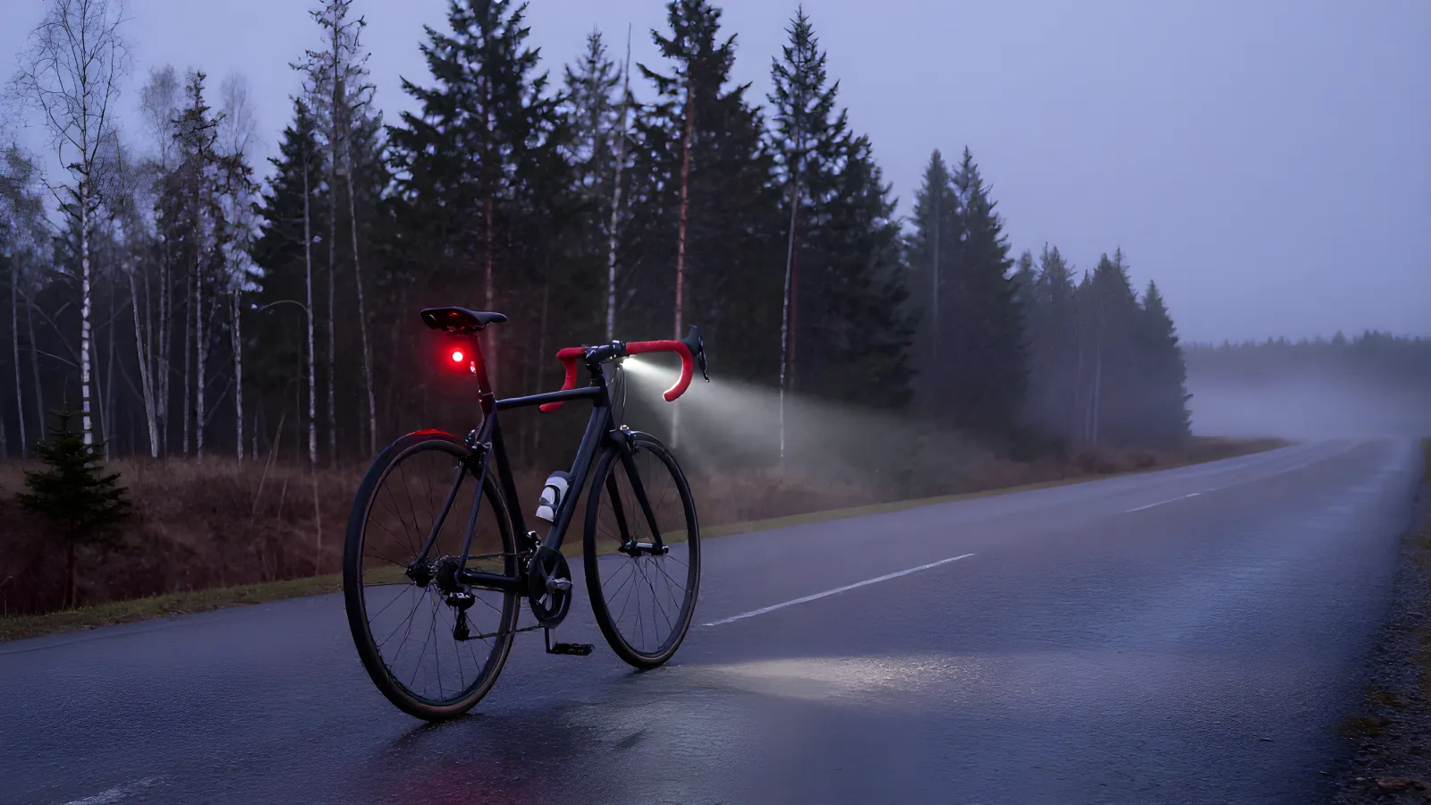 Racercykel med tänd framlampa och glödande rött bakljus på en dimmig svensk landsväg i skymningen, omgiven av gran- och björkskog i grålila kvällsljus.