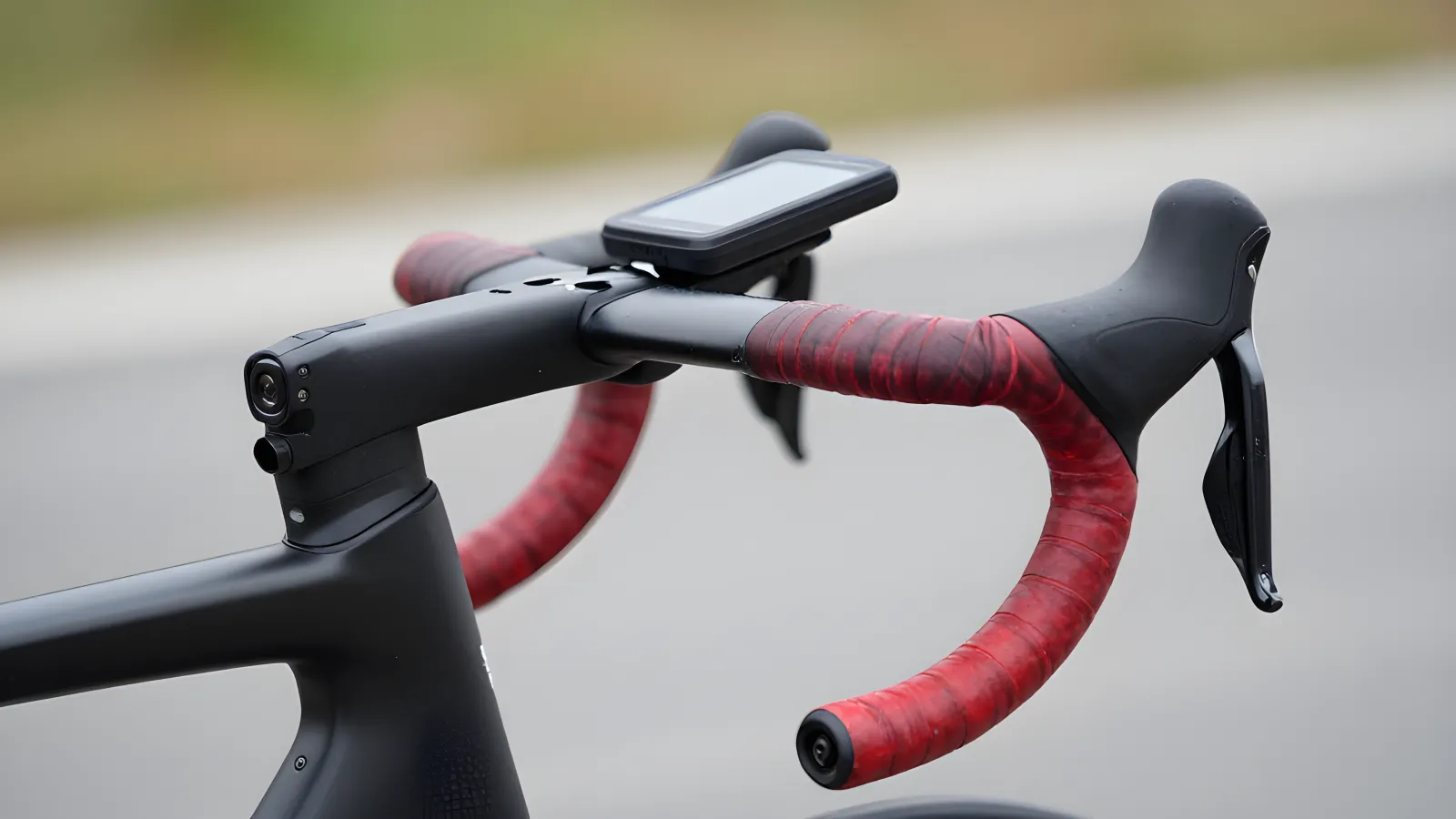 Cykeldator monterad liggande och vågrätt lågt vid styrstammen på ett racerstyre med rött styrband, snarare än på en upprätt stjälk, med en svensk landsväg oskarp bakom.