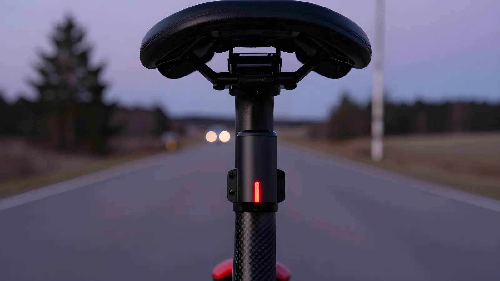 Närbild bakifrån på en liten svart cylindrisk radarenhet fastskruvad i ett stelt fäste direkt mot sadelstolpen under sadeln, med en lysande röd LED-rand, på en svensk landsväg i grå-lila skymning med en bil oskarpt synlig som två strålkastarljus långt bort.