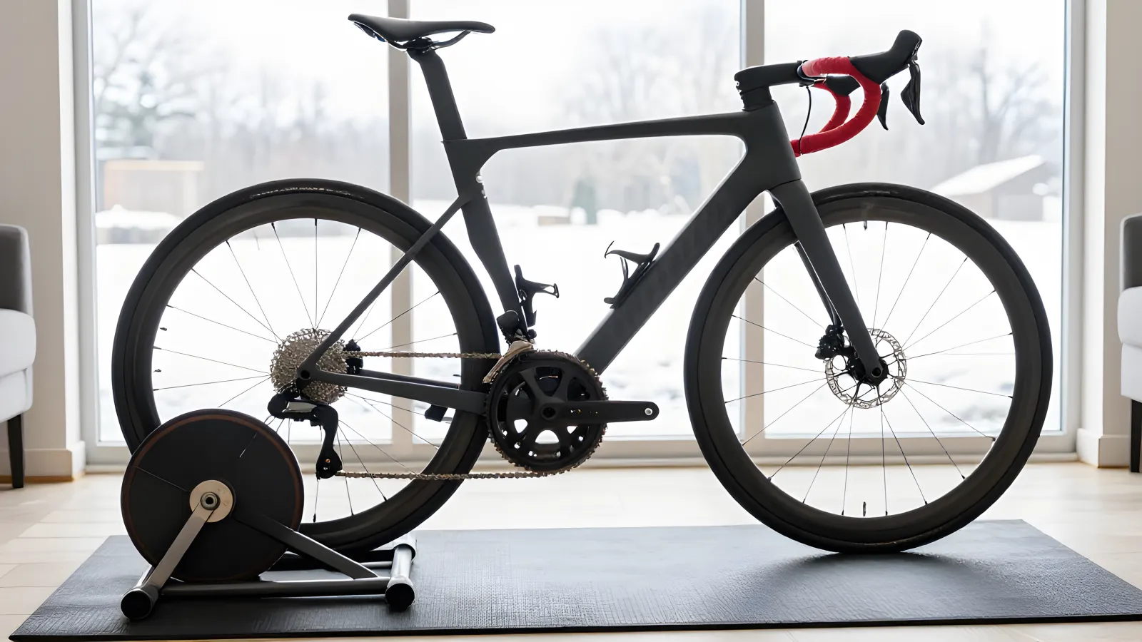 En racercykel monterad på en wheel-on-trainer där bakdäcket vilar mot trainerns rulle och ramen sitter fastklämd vid bakaxeln, i ett ljust vardagsrum med snö utanför fönstret.