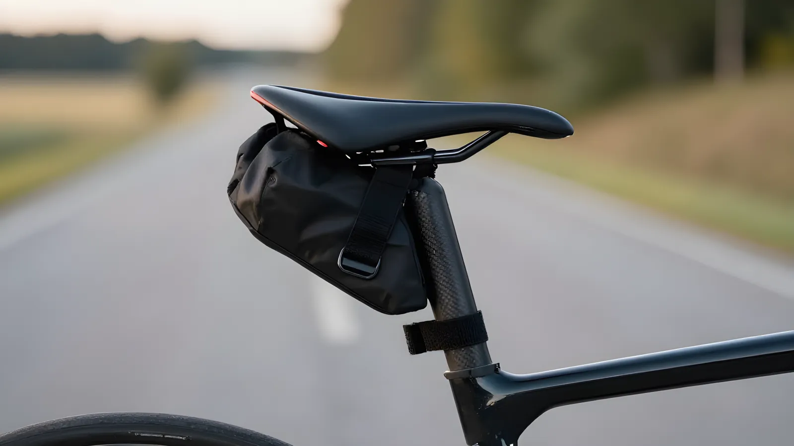 Närbild snett bakifrån på en svart sadelväska fäst med en rem runt sadelns skenor och en rem runt sadelstolpen, på en racercykel med kolfiberram.