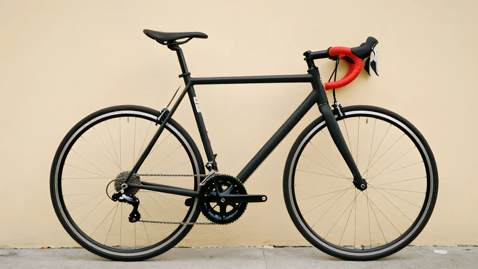 Racercykel i exakt sidoprofil mot en ren beige putsvägg, med rött styrband som enda färgaccent.