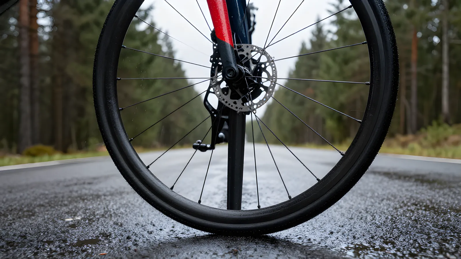 Grodperspektiv på ett racercykelhjul med smalt däck mot våt asfalt, vattenstänk vid kontaktytan och en skogsväg i mulet ljus bakom.