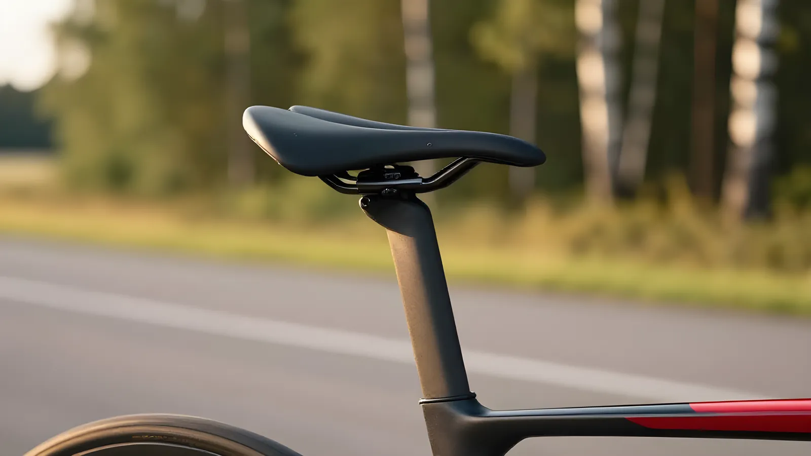 Landsvägssadel i profil med sadelskenor, sadelklämma och sadelstolpe synliga, på en racercykel med en svensk landsväg och björkskog i bokeh bakom i gyllene kvällsljus.