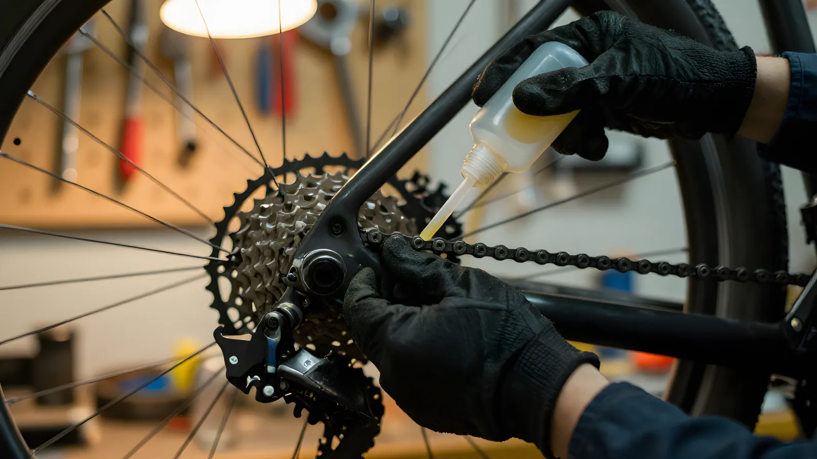 Närbild på händer i arbetshandskar som oljar en cykelkedja och kassett på en racercykel i ett mekställ, med verktyg upphängda på en verktygstavla i bakgrunden.