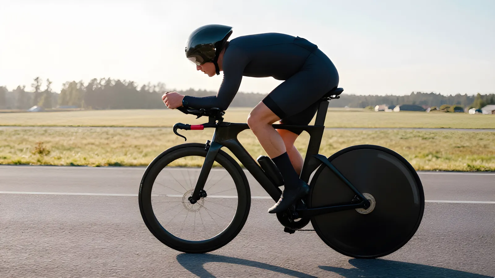 Cyklist i aeroposition på en tempocykel med aerostyre och armstöd, sedd i sidoprofil på en tom landsväg i morgonljus med rött styrband som accent.