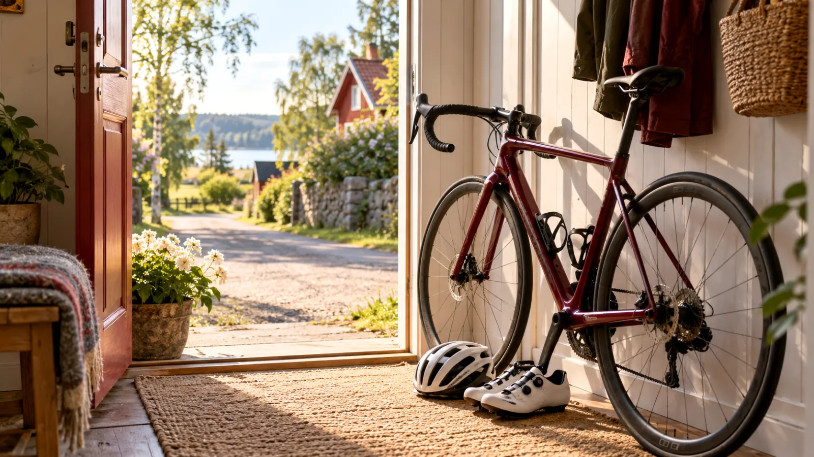 Illustration av en cykel och utrustning inför att komma i gång.