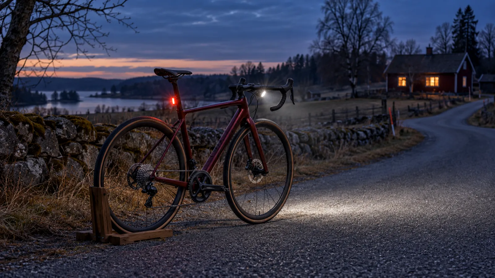 Illustration av en cykel med belysning vid en landsväg i skymning.