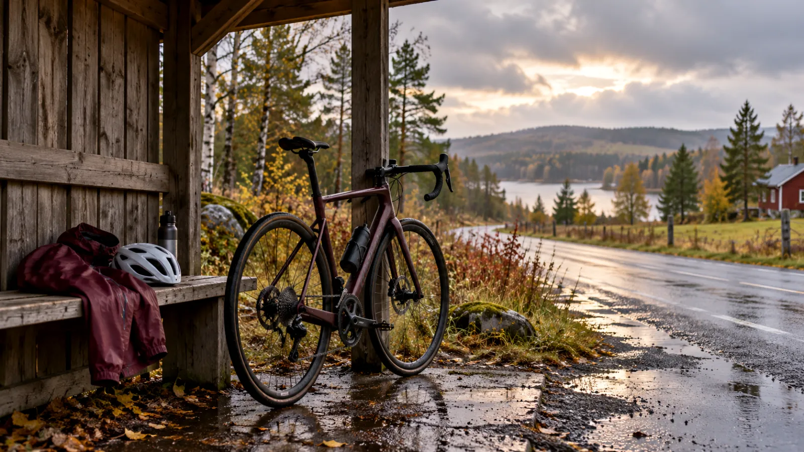 Illustration av en cykel vid en rastplats under en regnig tur.