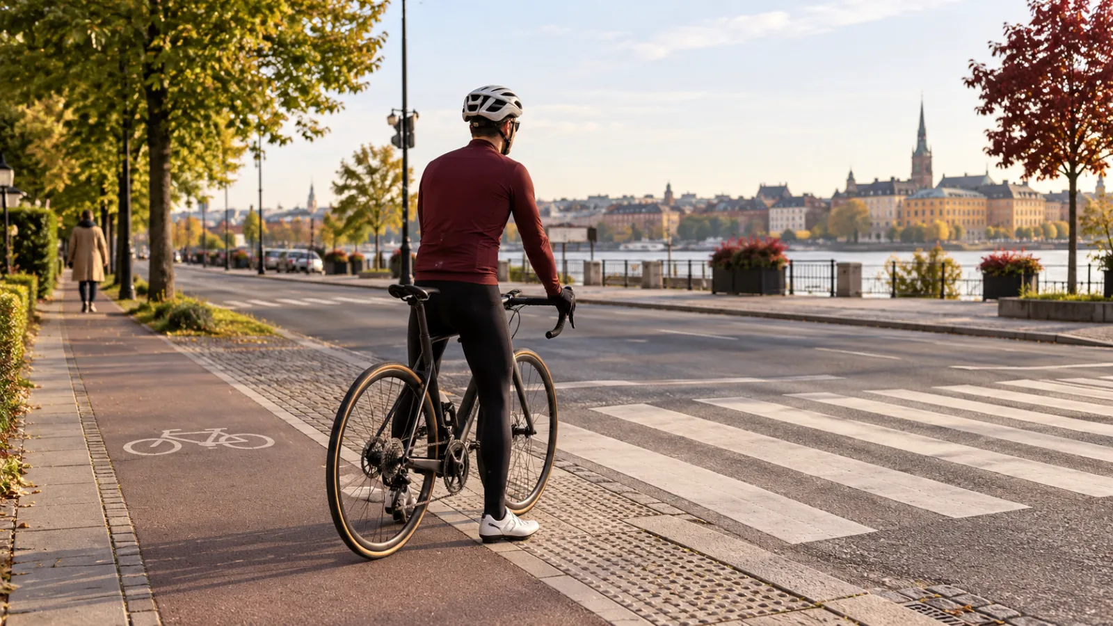 Illustration av en cyklist som stannar och läser en korsning.