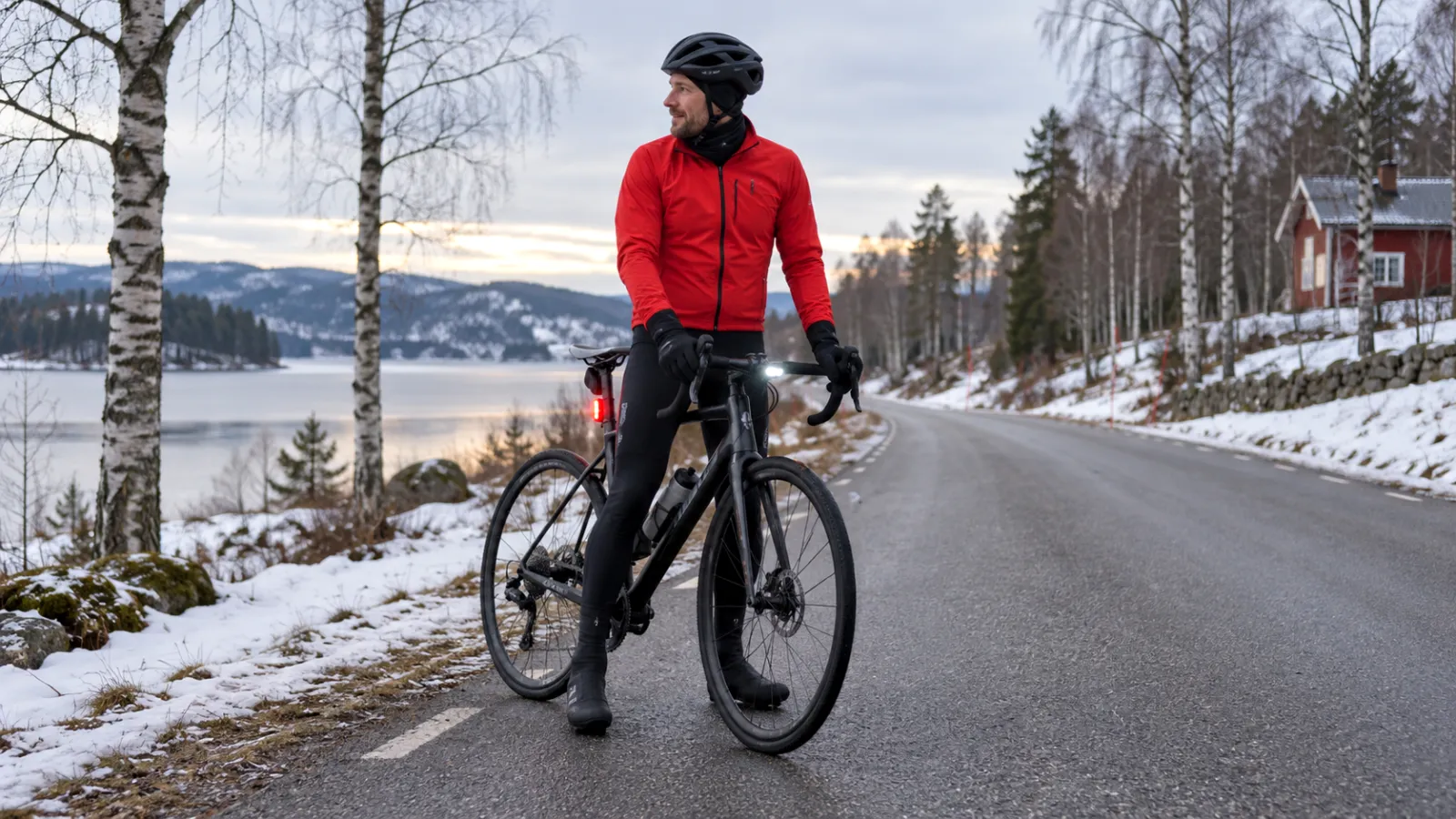 Illustration av en vinterklädd cyklist med cykel vid bar asfalt och snökanter.